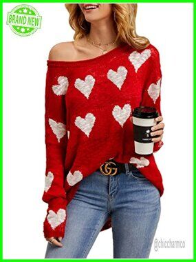 Oversized Off Shoulder Heart Print Knit Pullover Sweater